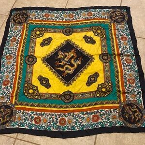 Silk  Dragon Motif Scarf in Yellow, Teal & Black